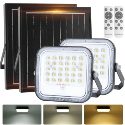 Imagen de Aigostar Foco proyector LED solar con mando a distancia,2 piezas,4000mAH,gran panel y batería de gran capacidad,regulable 3000/4000/6500K,IP66,cable 2m,Luz para exterior jardín,patios