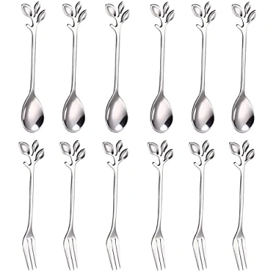 Imagen de 12 Piezas Cucharillas de Café Tenedor Postre, Café, Fruta Acero Inoxidable, Incluyendo 6 Cucharas y Tenedores, para Fiestas Té en la Cocina Cafeterías