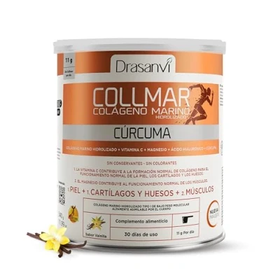Imagen de DRASANVI COLLMAR Colageno Marino Hidrolizado + Curcuma con Magnesio, Vitamina C, Ácido Hialurónico Articulaciones y musculos Máx. asimilación 9.595 mg/día 340g de polvo Collagen Sabor Vainilla