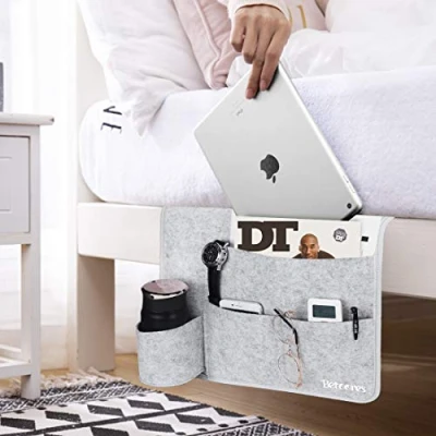 Imagen de Betoores Bolsillo Cama, Organizador de Cama Fieltro, Bolsa Almacenamiento para sofá, Botella Agua, Teléfono, Libro, Remoto, Magzine, iPad, Gafas Gris Claro