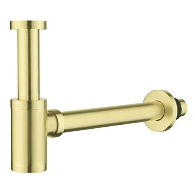 Imagen de Trampa para botellas de latón 1 1/4, redonda decorativa con tubo extensión 200 mm, drenaje ajustable lavabo baño, oro cepillado
