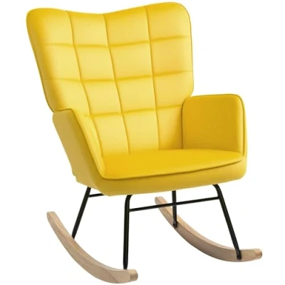 Imagen de HOMCOM sillón balancín, tapizado de Terciopelo, Lactancia, Estructura Acero, Patas Madera Maciza, Amarillo