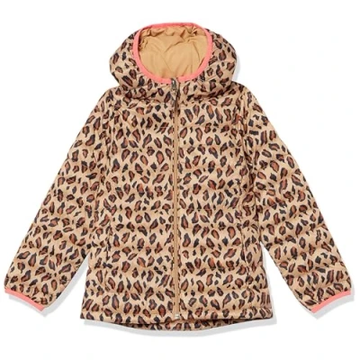 Imagen de Amazon Essentials Chaqueta Acolchada con Capucha, Plegable, Ligera y Resistente a la Lluvia Niña, Camel Estampado de Guepardos, 5 años