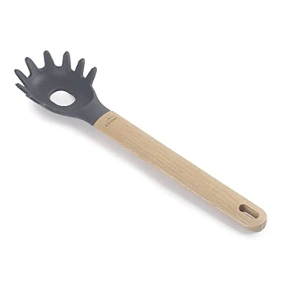 Imagen de Lacor 68189 Cuchara de Pasta Silicona Unite, Servidor Espaguetis Profesional, Mango Madera Haya, No Daña la Sartén, Resistente a Altas Temperaturas, Libre BPA, 32.5 cm, Gris