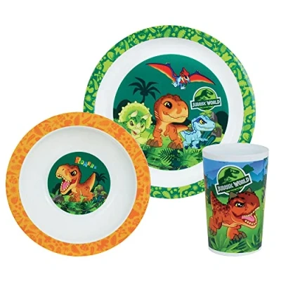 Imagen de FUN HOUSE 006066 JURASSIC WORLD DINOSAURE Juego de comida (plato plano, diámetro 22 cm, plato hondo o tazón 16 cm y vaso 220 ml, multicolor