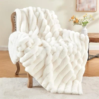 Imagen de LINGKY Manta Sofa de Felpa Conejo Super Suave Cálida, Gruesa Franela 1000 g/m² Cama Esponjosa para Dormitorio Sofá Viajes Niños Camping Blanket (Blanco a Rayas,130 x 160cm)