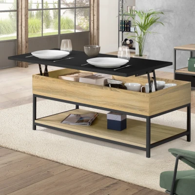 Imagen de Mesa de centro BOSTON con tablero rectangular elevable y estante inferior diseño industrial