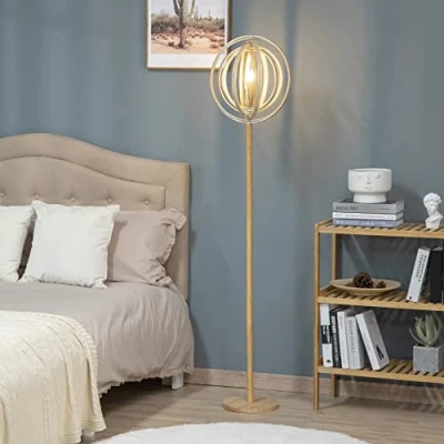 Imagen de HOMCOM Lámpara de Pie con Pantalla Giratorio Suelo Base Madera para Salón Comedor Dormitorio Estudio E27 Máx. 40W Interruptor 38x38x160 cm Natural