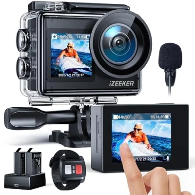 Imagen de iZEEKER Cámara Deportiva 4K 24MP, Impermeable 40M, Videocámara con Estabilización, Camara acuática Doble Pantalla, 2x1350mAh Baterías,WiFi, Control Remoto, Micrófono Externo, Multi Accesorios