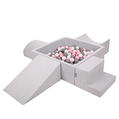 Imagen de KiddyMoon Parque Infantil De Espuma con Cuadrada Piscina Bolas (200 Bolas) para Niños, Gris Claro: Blanco/Gris/Rosa Claro