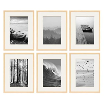 Imagen de PHOTOLINI marcos 30x40 cm madera MDF natural, set de 6 para pósteres con paspartú 20x30 cm, cristal acrílico, colgar y poner pie, incluye accesorios fotos, láminas