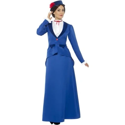 Imagen de Smiffys Disfraz de niñera época victoriana, azul, con vestido, sombrero y bufanda