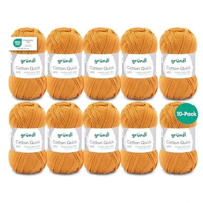 Imagen de Gründl Cotton Quick Uni, 10 ovillos (Hilo de Color 100%, Certificado Oeko Tex, 50 g / 125 m, tamaño Aguja: 3 4, x g), Mostaza, Algodón, Senape, Talla única, 1250