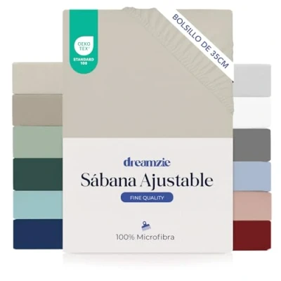 Imagen de Dreamzie Sabanas 90x190 cm Esquinas de 35 para Colchones Gruesos 100% Microfibra, Beige, Certificada sin Productos Químicos (Oeko Tex), Bajeras Completamente Elásticas