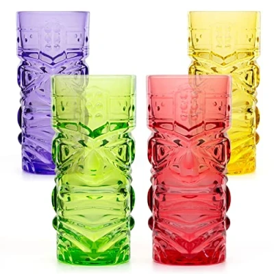 Imagen de CKB LTD juego de 4 vasos cóctel Tiki Bar colores, altos ideales para fiestas hawaianas a base ron y cócteles mixtos, té helado MAI Tai Long Island o zombies, 450 ml,