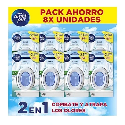Imagen de Ambipur Ambientador Para Baño 1 Pack (8 unidades x 50 dias) Fragancia Aroma A Limpio, Elimina y Previene De Malos Olores En El Cuarto Baño, Mega
