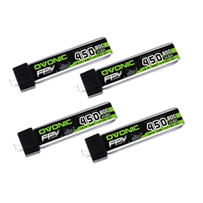 Imagen de OVONIC Batería de polímero litio (80 C, 450 mAh, 3,8 V, con PH2.0, para avión teledirigido, cuadricóptero, helicóptero FPV, 4 unidades)