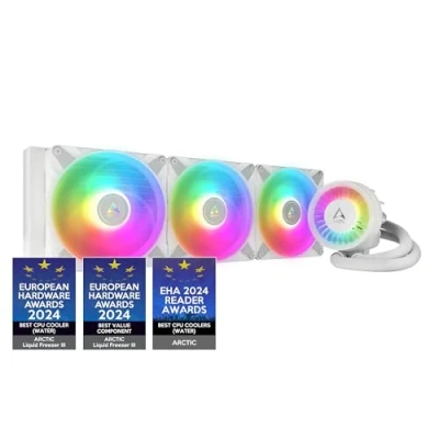 Imagen de ARCTIC Liquid Freezer III 420 A RGB Refrigeracion Liquida PC, AIO para CPU, Intel y AMD, Bomba eficiente controlada por PWM, Ventilador: 2001900 RPM, LGA1851 LGA1700 Contact Frame Blanco