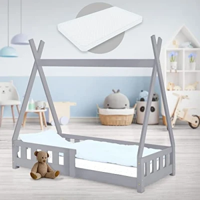 Imagen de ML Design Cama Infantil Tipi Gris Claro con Colchón 70x140 cm Protección Anticaída Y Somier Estructura Listones De Madera Maciza Pino para Niñas Niños Forma Casa Reja Juvenil Juego