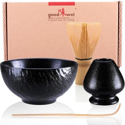 Imagen de Goodwei matcha Kit con Tazon, batidor y cuchara te Cuenco de artísticamente estructura piedra, soporte para en el mismo diseño Juego regalo (Rokku Kuro)