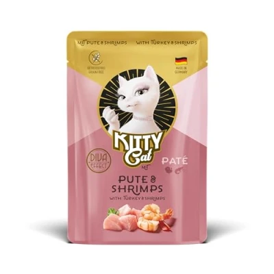 Imagen de KITTY Cat Paté Pavo &amp; Camarones 6 x 85 g Comida húmeda para Gatos sin Cereales con taurina, Aceite de salmón y mejillón Labios Verdes, pienso Completo Alto Porcentaje Carne, Fabricado en