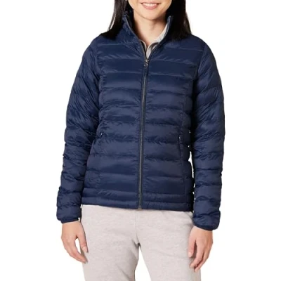 Imagen de Amazon Essentials Chaqueta Acolchada Ligera de Manga Larga, Plegable, Resistente al Agua (Disponible en Tallas Grandes) Mujer, Azul Marino, L