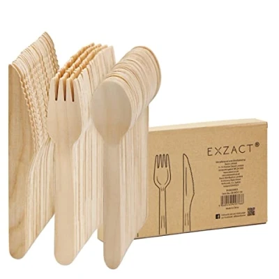 Imagen de EXZACT Cubiertos desechables de madera, 150 piezas, reciclables, tenedores y cucharas para fiestas, camping, viajes barbacoas, resistentes,