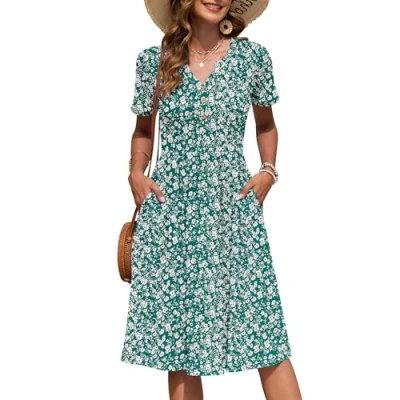 Imagen de AUSELILY Vestido Verano Manga Corta Mujer Largo hasta La Rodilla Estilo Imperio Informal con Cuello en V Plisado y Bolsillos