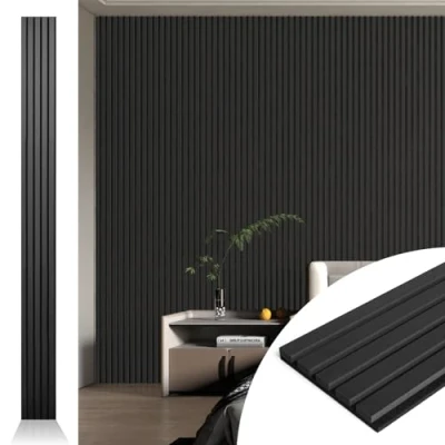 Imagen de Art3d 4 paneles acústicos de listones 272 x 20 cm para pared y techo, panel absorción sonido estriado 3D con acabado madera, color negro