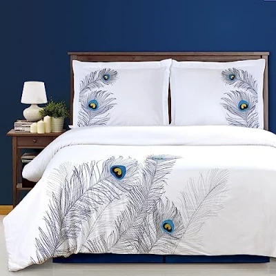 Imagen de Impressions Superior Juego de Funda edredón nórdico Peacock 269 x 234 cm, Suave, 100% algodón un Solo Cabo, con Bordado, Color Plateado, 3 Piezas