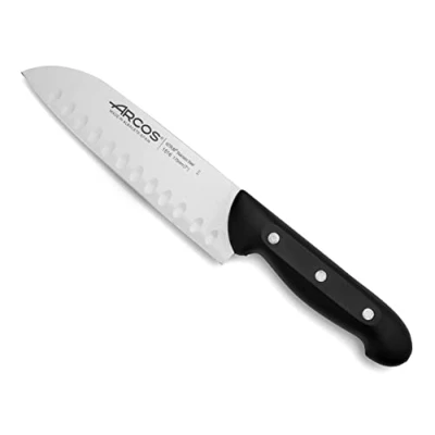 Imagen de Arcos Cuchillo Santoku Acero Inoxidable Nitrum. Cocina japonés Pescado, Carne y Verduras. Mango ergonómico polioximetileno Pom Hoja 170 mm. Multiusos. Serie Maitre. Color Negro.