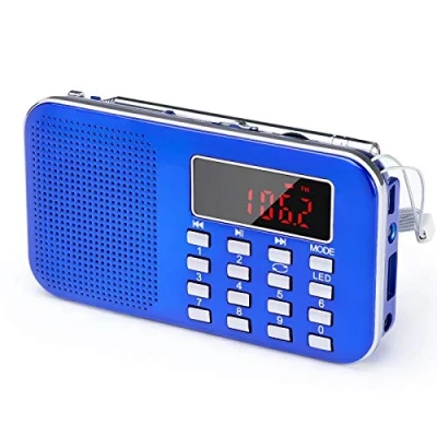 Imagen de PRUNUS J 908 Am/FM Radio Portatil Pequeña Recargable, Digital con Linterna LED, Reproductor de TF/USB/AUX /MP3, Bateria Recargable 1200 mAh (Azul)