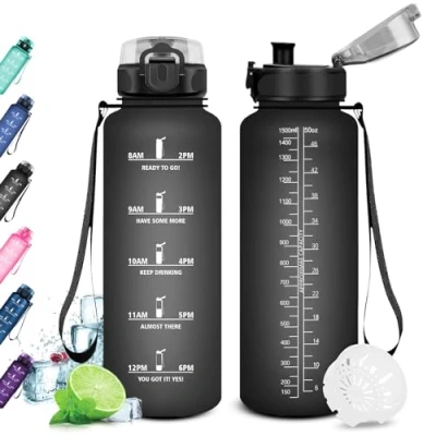 Imagen de KollyKolla Botella de Agua Deportiva, Gimnasio 1.5 litro, Motivadora, Prueba Fugas, sin BPA, Reutilizable Cantimplora para Adulto, Gimnasio, Oficina, Gym, Fitness