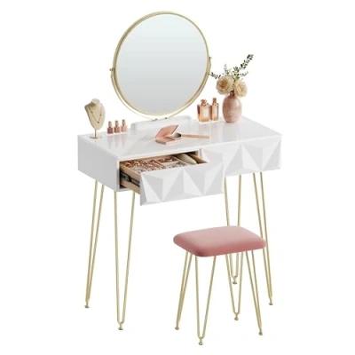 Imagen de EUGAD Juego Mesa de Tocador con Taburete Acolchado Terciopel y Espejo Giratorio 360 Moderno Escritorio Maquillaje 3 Cajones Madera+Metal, Blanco+Oro 0042SZT