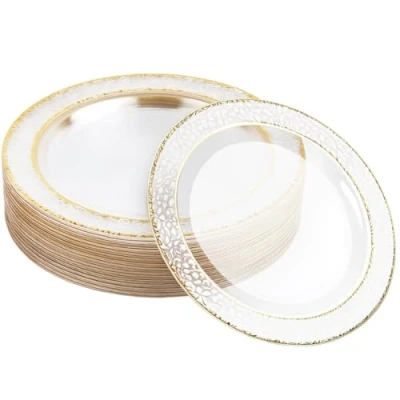 Imagen de MATANA 20 Platos de Plástico Duro Transparentes con Borde Dorado, 26cm Elegantes, Resistentes y Reutilizables Bodas, Cumpleaños, Bautizos, Barbacoas, Navidad, Fiestas