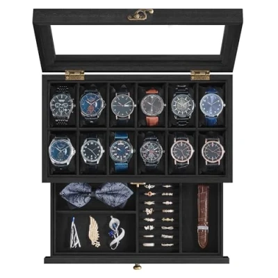 Imagen de SONGMICS Caja de Relojes con 12 Ranuras, Estuche Madera 2 Niveles Tapa Cristal, Almohadillas, Forro Terciopelo, Regalo Seres Queridos, Negro Tinta JOW012B02