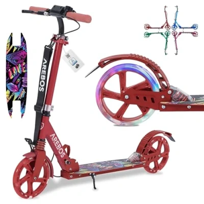 Imagen de Arebos Patinete con Ruedas de Goma LED, Suspensión Delantera, Soporte para Botella y Timbre, manillar ajustable, Rojo, Niños Adultos