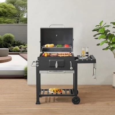 Imagen de casa.pro Barbacoa de Carbón con 2 Ruedas Cajón para Cenizas Estantes Carro Tapa Termómetro Reguladores Ventilación Acero Inoxidable Plástico 105 x 114 48 cm Negro