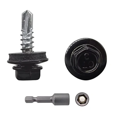 Imagen de Marcopol Paquete de 150 tornillos metal para techos, autoperforantes 4,8 x 19 mm con arandelas EPDM, cabeza hexagonal pintada, tornillo chapa (150, RAL 9005), negro (RAL 9005)