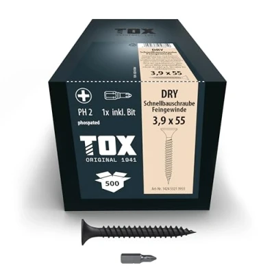 Imagen de TOX tornillos para cartón yeso DRY FG 3,9 x 55 mm, fosfatados negros con cabeza de trompeta + rosca fina, sobre subestructura metálica, 500 piezas, incl. 1x broca, 142453213955