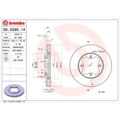 Imagen de BREMBO 09.5290.14 Disco de freno 259 23 4 ventilación interna HONDA: ACCORD 5, CIVIC 6 Hatchback, Stufenheck