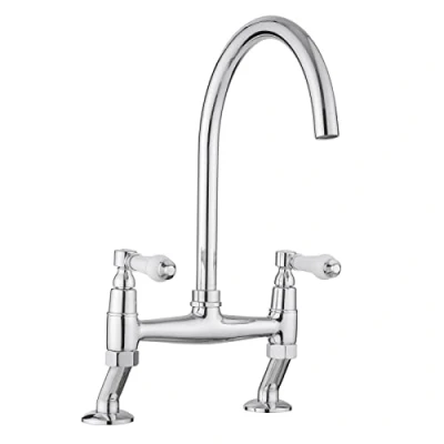 Imagen de JASSFERRY Grifo mezclador tradicional de puente para fregadero cocina con mango cerámica blanco montado en la cubierta monobloc clásico 2 agujeros boquilla giratoria cromada