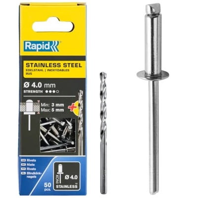 Imagen de Rapid Remaches de Acero Inoxidable Gran Resistencia, Ø4 x 6 mm 4 para Placas Matrícula, Guardabarros, Cubiertas Metal y Chapa Metálica Incluye Taladro