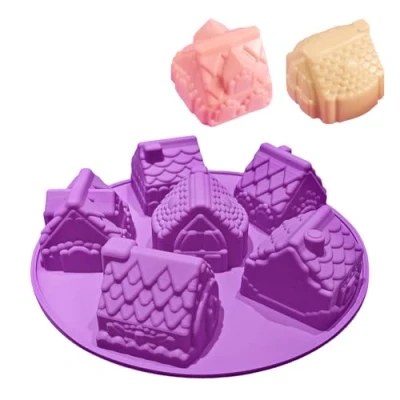 Imagen de JasCherry Molde de Silicona, 6 Cavidades Forma Casa 3D Moldes para Caramelos, Antiadherentes Jabón Hornear, Pastel, Repostería, Panecillo, Pudín, Bizcocho