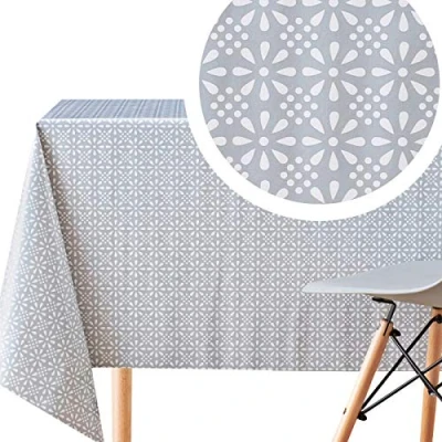 Imagen de KP HOME Mantel PVC en Color Gris Patrón de Retro Flores Blancas Hule 140x140 Vinilo Fácil Limpieza Impermeable Mesa Cuadrado Liso Plástico Hules para Mesas