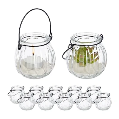Imagen de Relaxdays Windlicht Glas 12er Portavelas Cristal, Set de 12, Porta Velas con Asa, 7,5 x 8 cm, Recipientes Vidrio Redondos, Transparente, Hierro