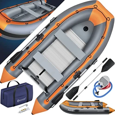 Imagen de KESSER® Embarcación neumática de 3,20 m para 4 Personas, PVC, Apta Motor Olas, con 2 Bancos, Suelo Aluminio, Remo, Bomba, Kit Reparación, Bolsa, Hinchable, Gris/Naranja