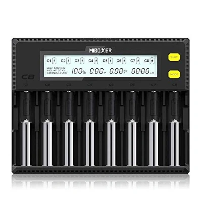 Imagen de 18650 Cargador de Batería, MiBOXER Inteligente 8 Bahías con Pantalla LCD Automática, Carga Rápida Recargable Li Ion LiFePO4 Ni MH CD AA AAA C 21700 26650 13650 16340 18350 RCR123