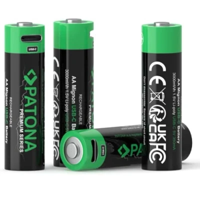 Imagen de PATONA Mignon AA Pilas Recargables USB C (Paquete de 4), 1,5V / 3000 mWh, 2000 mAh, a través (350mA), Cable Carga con 2 Conexiones.