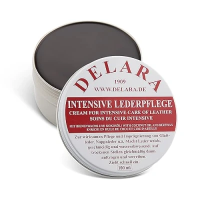 Imagen de DELARA Cuidado intensivo para cuero marrón, 100 ml, impregna y protege el de forma muy eficaz; nueva fórmula con aceite coco alta calidad cera abeja. Fabricado en Alemania